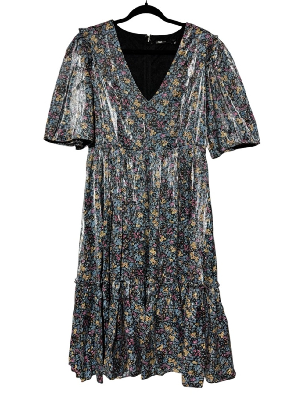INA Ditzy Floral Midi Dress Size Large Tiered‎ Flowy Wedding Guest A-line Loose